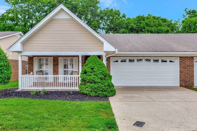 view of front of home with brick siding, a porch, concrete driveway, and an attached garage