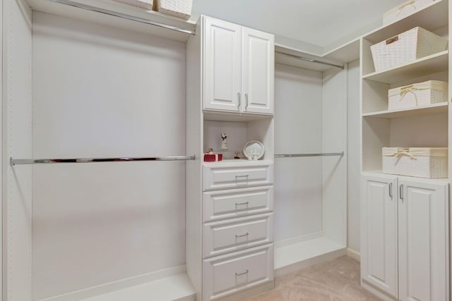 spacious closet featuring light colored carpet