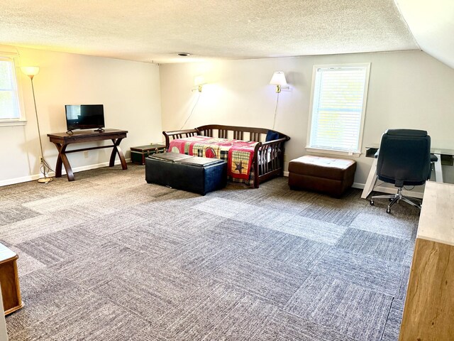 living room with carpet, a textured ceiling, a desk, and vaulted ceiling