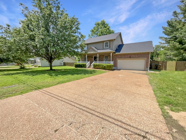 traditional-style house with a porch, brick siding, driveway, a garage, and a shingled roof