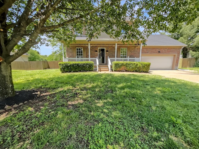 view of front of property with brick siding, covered porch, an attached garage, and concrete driveway