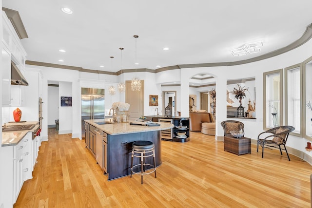 1041 Albatross Way, Gallatin, TN 37066 - kitchen with white cabinets, ventilation hood, light wood-type flooring, a large island, and recessed lighting