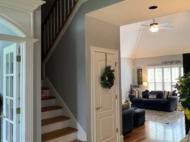 3411 Meadowcrest Dr, Murfreesboro, TN 37129 - stairs with ceiling fan, wood finished floors, and high vaulted ceiling