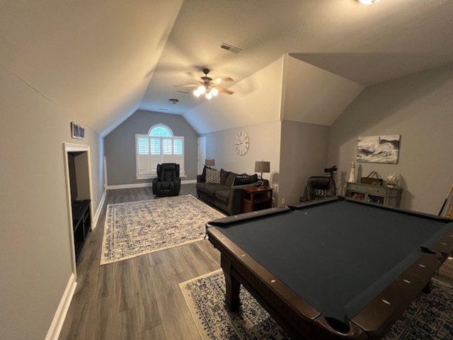 3411 Meadowcrest Dr, Murfreesboro, TN 37129 - playroom with vaulted ceiling, wood finished floors, baseboards, ceiling fan, and billiards