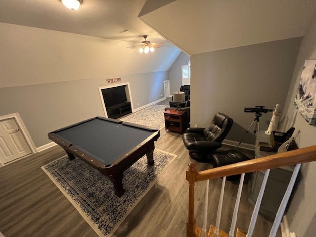 3411 Meadowcrest Dr, Murfreesboro, TN 37129 - recreation room featuring a ceiling fan, pool table, vaulted ceiling, wood finished floors, and baseboards