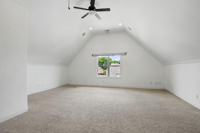 additional living space with carpet, a ceiling fan, baseboards, lofted ceiling, and recessed lighting