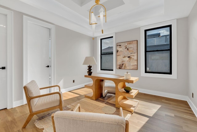 home office featuring wood finished floors, baseboards, and a tray ceiling