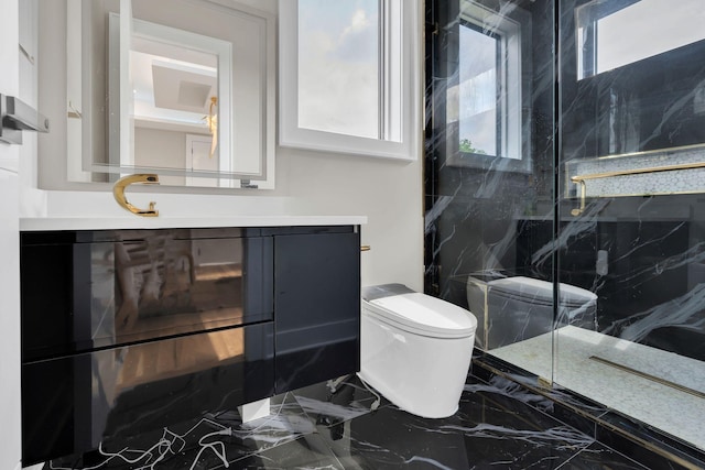 bathroom with a marble finish shower, toilet, vanity, and marble tiled flooring