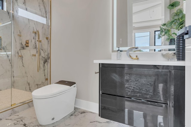 full bathroom featuring marble finish flooring, a marble finish shower, vanity, toilet, and baseboards