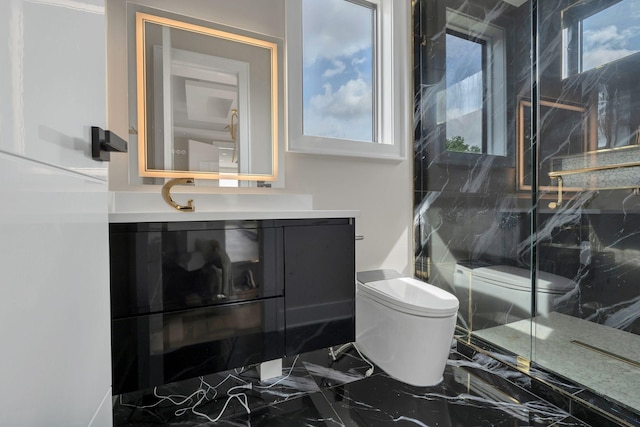 bathroom with toilet, a marble finish shower, vanity, and marble tiled flooring