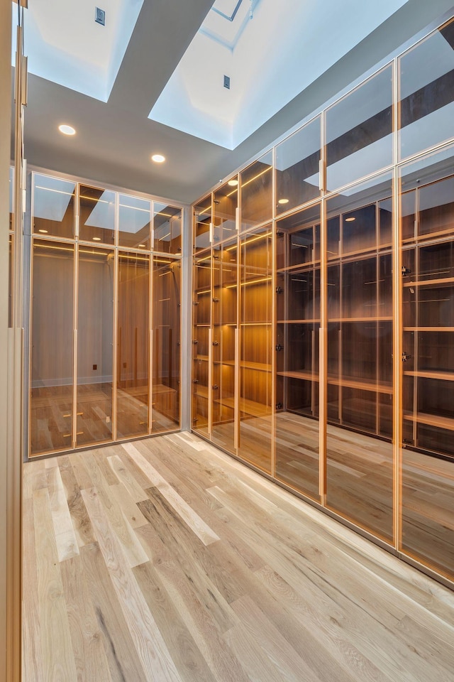 misc room featuring a skylight, wood finished floors, and recessed lighting