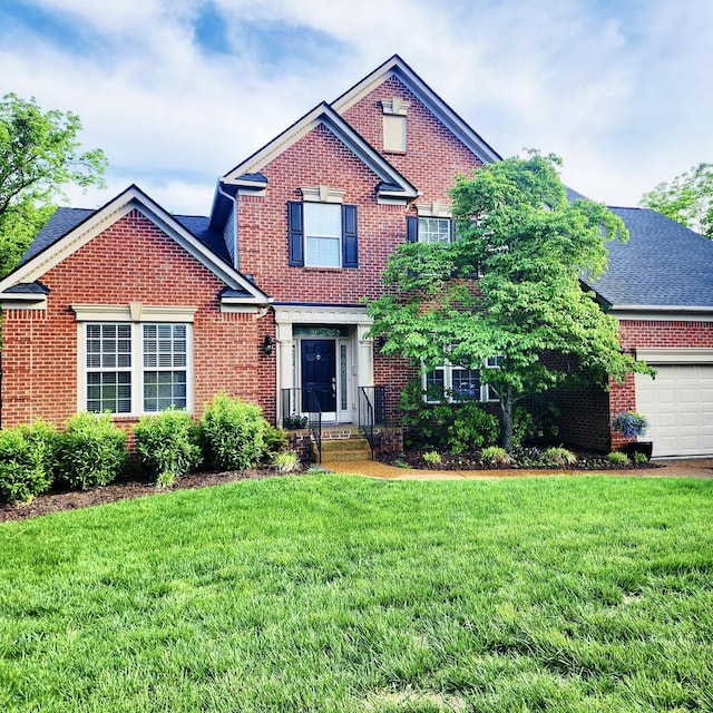 traditional-style home with a front lawn and brick siding