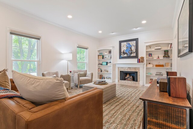 3060 Liberty Hills Dr, Franklin, TN 37067 - living room with crown molding, a premium fireplace, built in features, and recessed lighting