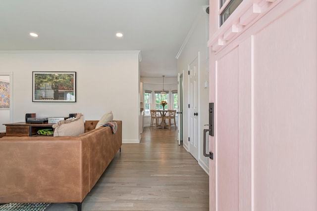 3060 Liberty Hills Dr, Franklin, TN 37067 - hallway with light wood-type flooring, ornamental molding, baseboards, and recessed lighting
