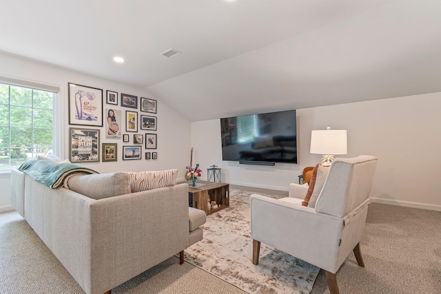 3060 Liberty Hills Dr, Franklin, TN 37067 - living room featuring vaulted ceiling, light carpet, baseboards, and recessed lighting