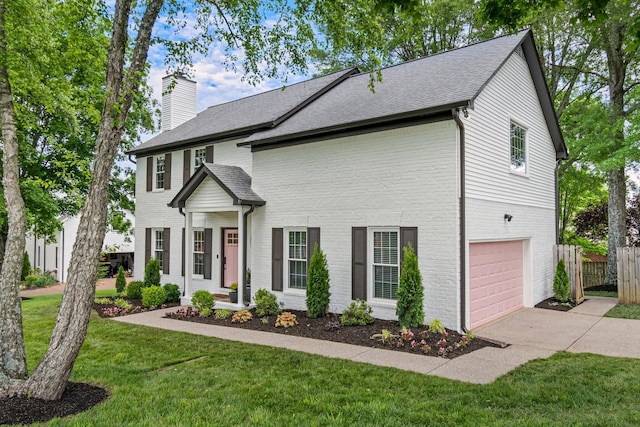 3060 Liberty Hills Dr, Franklin, TN 37067 - view of front of property with an attached garage, a chimney, concrete driveway, brick siding, and a shingled roof