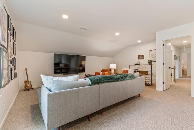 3060 Liberty Hills Dr, Franklin, TN 37067 - living room with light colored carpet, vaulted ceiling, baseboards, and recessed lighting