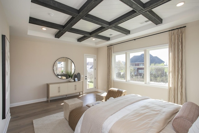 2955 Hunt Valley Dr, Spring Hill, TN 37174 - bedroom featuring coffered ceiling, beamed ceiling, baseboards, access to outside, and wood finished floors