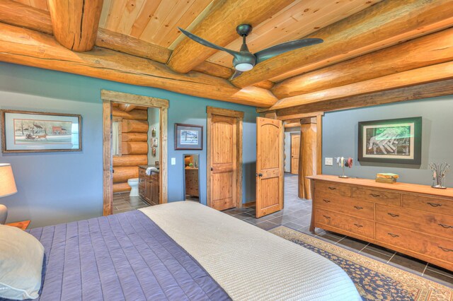 1271 Bivins Rd, Lewisburg, TN 37091 - bedroom featuring beamed ceiling, rustic walls, wooden ceiling, and connected bathroom