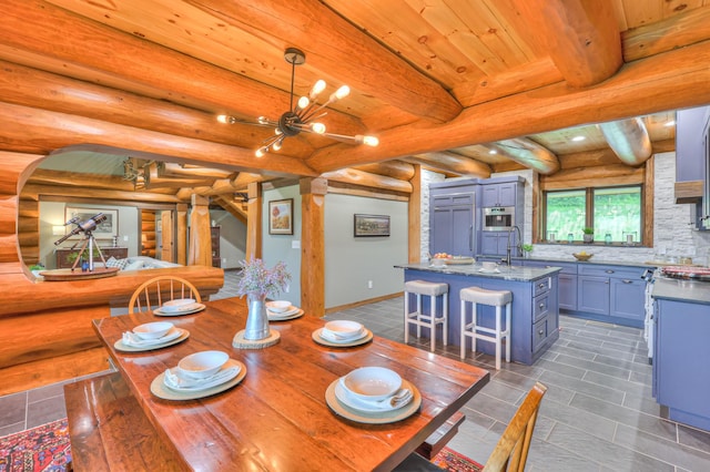 1271 Bivins Rd, Lewisburg, TN 37091 - tiled dining room featuring log walls, arched walkways, beam ceiling, baseboards, and wooden ceiling
