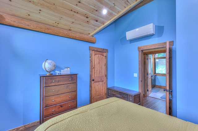 1271 Bivins Rd, Lewisburg, TN 37091 - bedroom featuring an AC wall unit, wooden ceiling, vaulted ceiling, wood finished floors, and recessed lighting