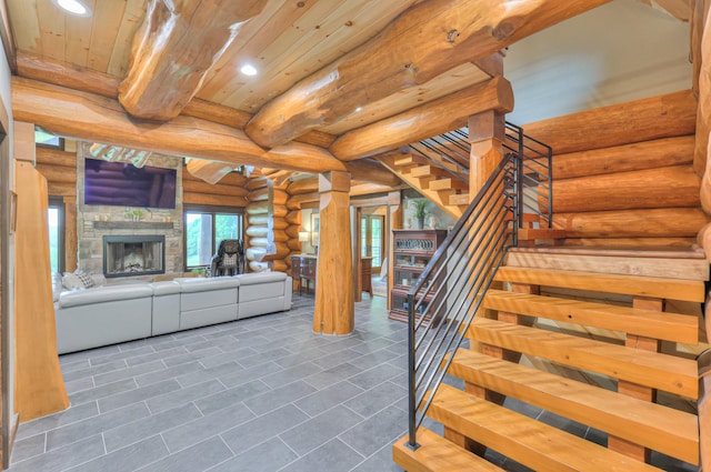 1271 Bivins Rd, Lewisburg, TN 37091 - stairway featuring log walls, recessed lighting, wooden ceiling, tile patterned flooring, and beamed ceiling