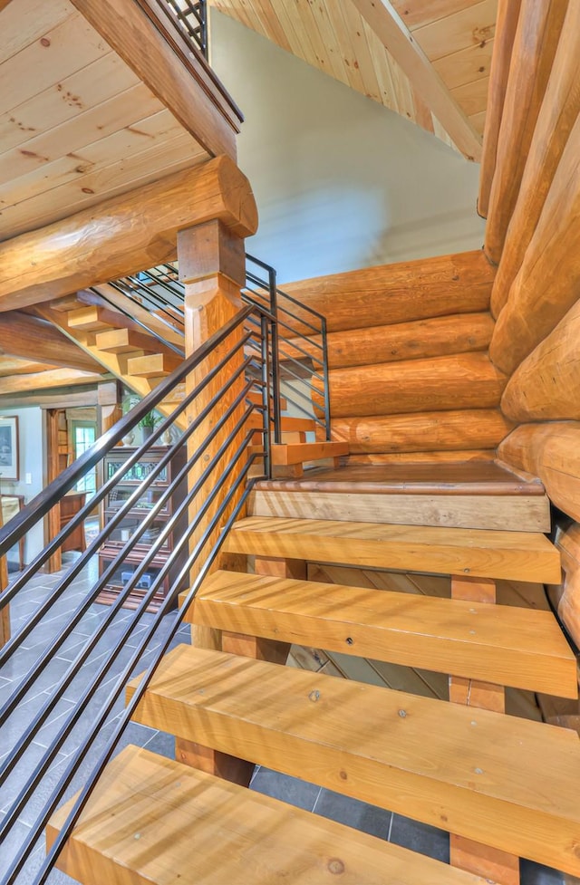 1271 Bivins Rd, Lewisburg, TN 37091 - stairs with log walls, wood ceiling, and vaulted ceiling