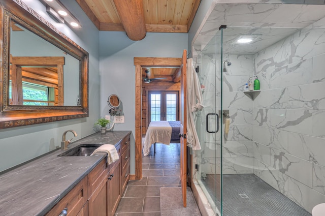 1271 Bivins Rd, Lewisburg, TN 37091 - bathroom with wood ceiling, connected bathroom, a marble finish shower, vanity, and tile patterned floors