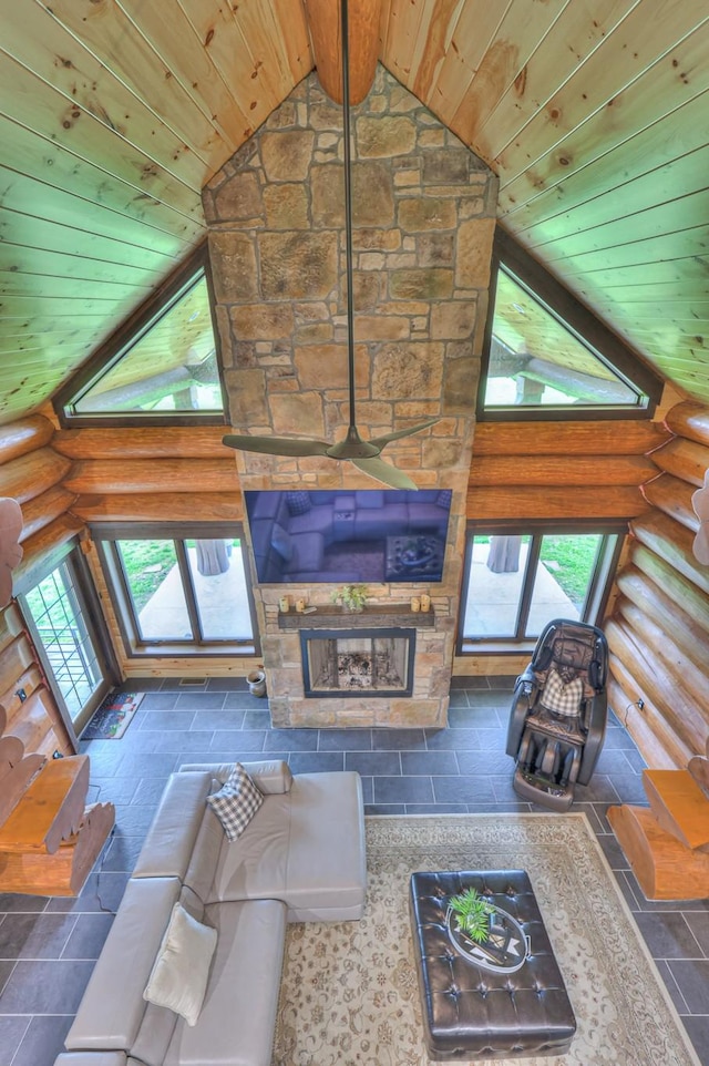 1271 Bivins Rd, Lewisburg, TN 37091 - living area featuring wood ceiling, rustic walls, stone tile floors, and a stone fireplace