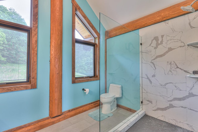 1271 Bivins Rd, Lewisburg, TN 37091 - bathroom featuring a tile shower, toilet, plenty of natural light, and tile patterned flooring