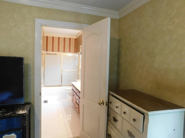 1129 Adam Dr, Cottontown, TN 37048 - bathroom with ornamental molding, toilet, wallpapered walls, and vanity