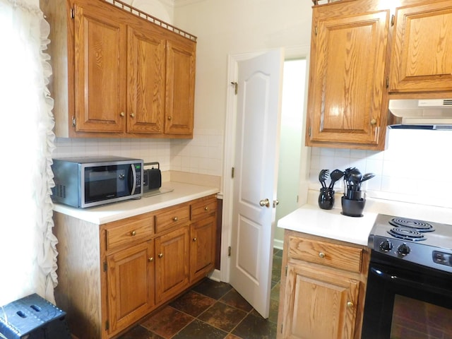 1129 Adam Dr, Cottontown, TN 37048 - kitchen with stainless steel microwave, electric range, under cabinet range hood, decorative backsplash, and light countertops