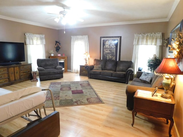 1129 Adam Dr, Cottontown, TN 37048 - living area featuring plenty of natural light, wood finished floors, a ceiling fan, and ornamental molding