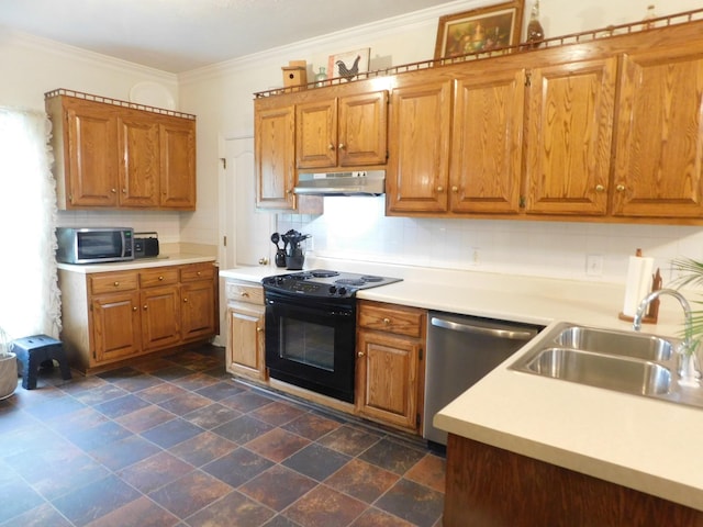 1129 Adam Dr, Cottontown, TN 37048 - kitchen with stainless steel appliances, under cabinet range hood, a sink, light countertops, and brown cabinets