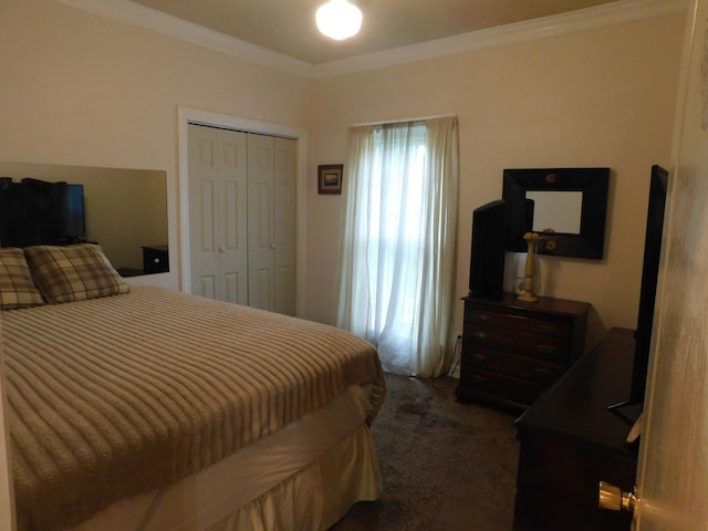 1129 Adam Dr, Cottontown, TN 37048 - bedroom featuring dark carpet, a closet, and crown molding