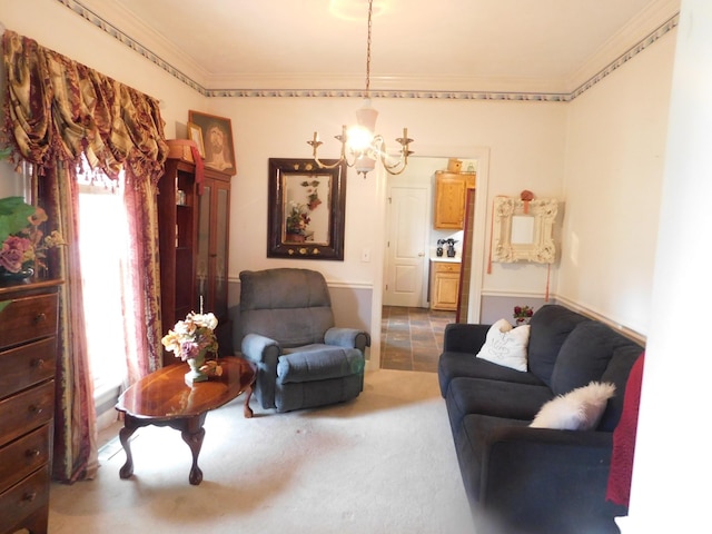 1129 Adam Dr, Cottontown, TN 37048 - carpeted living area with a chandelier and crown molding