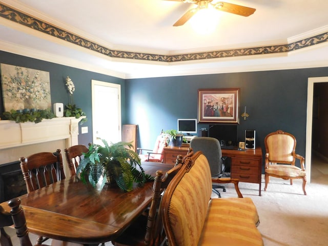 1129 Adam Dr, Cottontown, TN 37048 - carpeted dining space with ceiling fan and crown molding