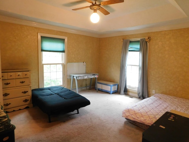 1129 Adam Dr, Cottontown, TN 37048 - bedroom with a tray ceiling, ornamental molding, light colored carpet, and ceiling fan