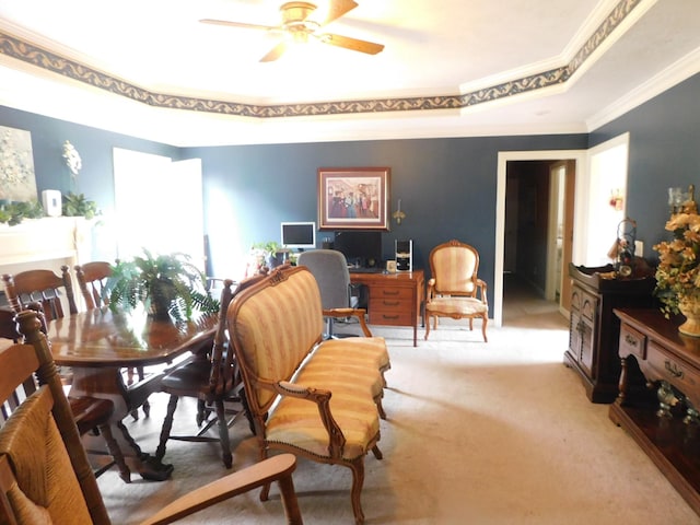 1129 Adam Dr, Cottontown, TN 37048 - office space with a raised ceiling, a ceiling fan, ornamental molding, and light carpet