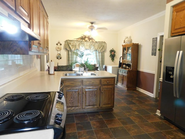 1129 Adam Dr, Cottontown, TN 37048 - kitchen with stainless steel fridge with ice dispenser, electric range, a sink, under cabinet range hood, and a peninsula