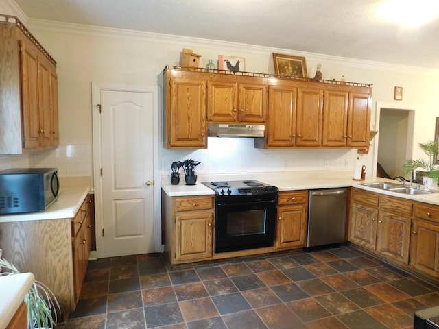 1129 Adam Dr, Cottontown, TN 37048 - kitchen featuring black appliances, a sink, under cabinet range hood, crown molding, and brown cabinetry