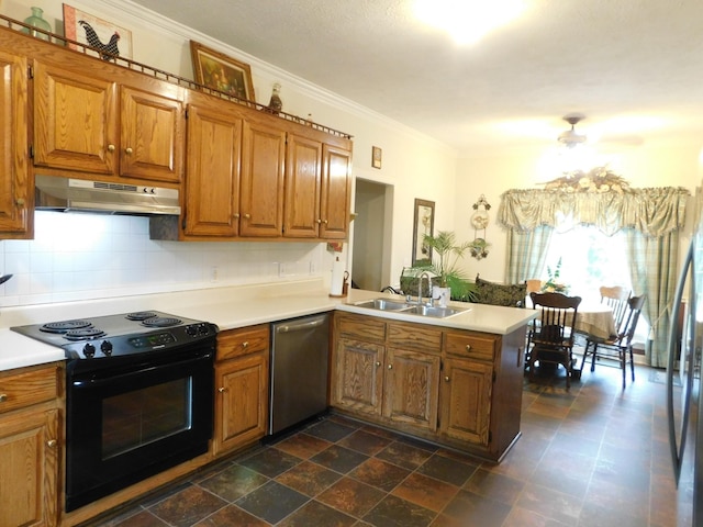 1129 Adam Dr, Cottontown, TN 37048 - kitchen featuring black range with electric cooktop, dishwasher, a peninsula, under cabinet range hood, and a sink