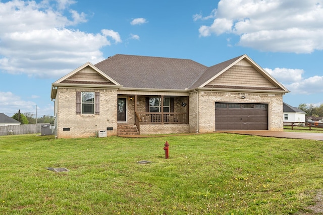 view of front of property featuring a porch, brick siding, driveway, crawl space, and a garage