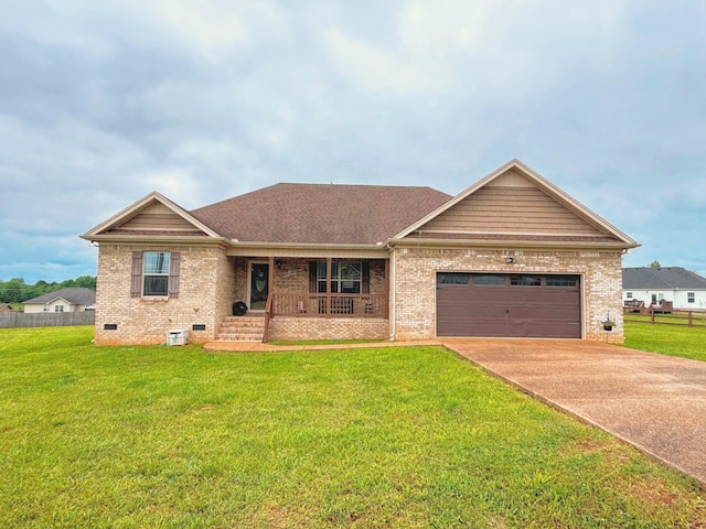 ranch-style home featuring covered porch, brick siding, and crawl space