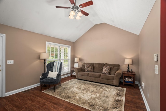 103 Nashay Ct, Portland, TN 37148 - living area with ceiling fan, dark wood finished floors, vaulted ceiling, and baseboards