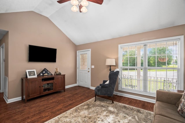 103 Nashay Ct, Portland, TN 37148 - sitting room with a ceiling fan, vaulted ceiling, dark wood-style floors, and baseboards
