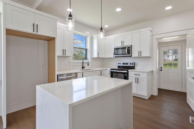 kitchen with stainless steel appliances, a sink, recessed lighting, wood finished floors, and white cabinetry