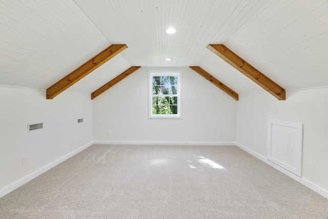 bonus room with carpet, wood ceiling, recessed lighting, and baseboards