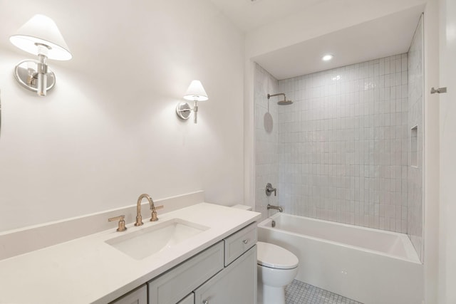 full bathroom with toilet, tile patterned flooring, vanity, and bathing tub / shower combination