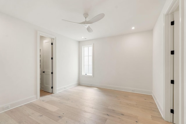 unfurnished bedroom featuring baseboards, light wood finished floors, recessed lighting, and ceiling fan